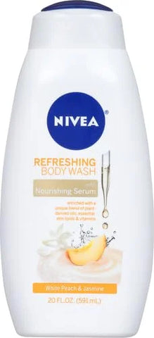 NIVEA Refreshing White Peach and Jasmine Body Wash with Nourishing Serum, Scented Body Wash for Women, Enriched with Provitamin B5 and Vitamin E, 20 Fl Oz Bottle, (Pack of 2)