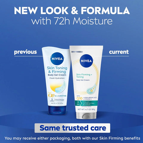 NIVEA Skin Firming & Toning Body Gel Cream with Q10, Hyaluronic Acid and Vitamin C, Clinically Tested Skin Firming & Toning Cream, 72-Hour Moisture, 6.7 Oz Tube (Pack of 12)
