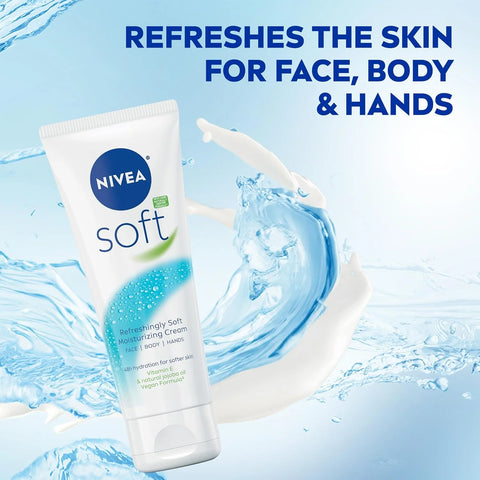 NIVEA Soft Refreshingly Soft Moisturizing Cream, Lightweight Moisturizer for Face, Body and Hands, Body Cream Enriched with Jojoba Oil and Vitamin E, 2.6 Oz Tube, Pack of 3