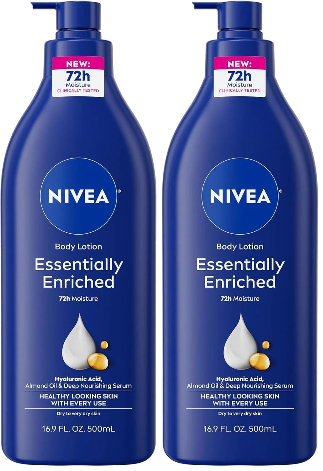 NIVEA Essentially Enriched Body Lotion for Very Dry Skin with Hyaluronic Acid, Almond Oil and Deep Nourishing Serum, 72-Hour Body Moisturizer, 16.9 Fl Oz Pump Bottle (Pack of 2)