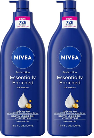 NIVEA Essentially Enriched Body Lotion for Very Dry Skin with Hyaluronic Acid, Almond Oil and Deep Nourishing Serum, 72-Hour Body Moisturizer, 16.9 Fl Oz Pump Bottle (Pack of 2)
