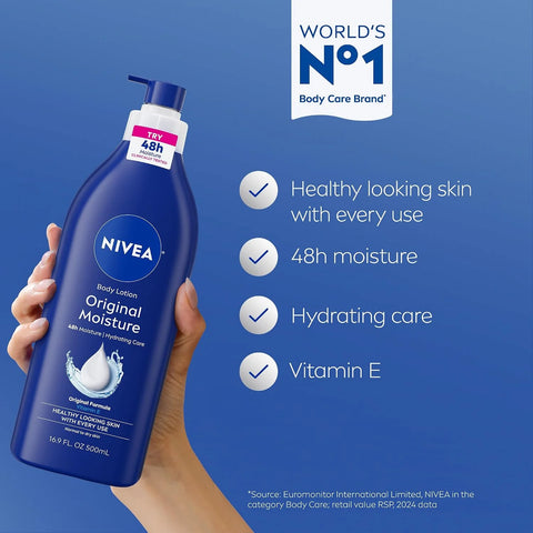 NIVEA Original Moisture Body Lotion with Vitamin E,48-Hour Body Moisturizer for Normal to Dry Skin,16.9 Fl Oz Pump Bottle, (Pack of 2)