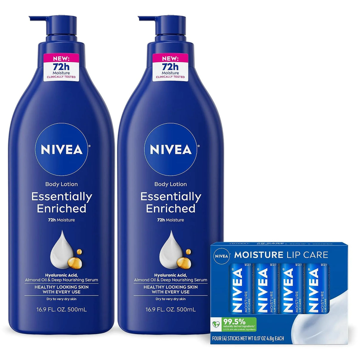 NIVEA Skin Care Set, Essentially Enriched Body Lotion Pack (2 x 16.9 Fl Oz) + Moisture Lip Care Lip Balm Set (4 x 0.17 Oz), Dermatologically Tested for Skin Compatibility