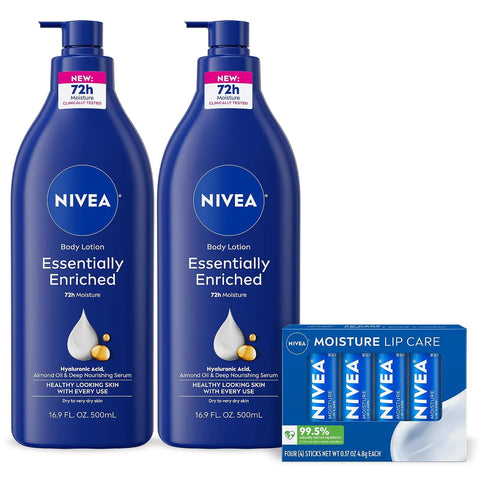 NIVEA Skin Care Set, Essentially Enriched Body Lotion Pack (2 x 16.9 Fl Oz) + Moisture Lip Care Lip Balm Set (4 x 0.17 Oz), Dermatologically Tested for Skin Compatibility