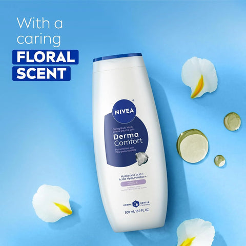 NIVEA Derma Comfort Caring Body Wash for Sensitive Skin, Body Wash with Hyaluronic Acid and Vitamin E, 16.9 Fl Oz Bottle, Pack of 3