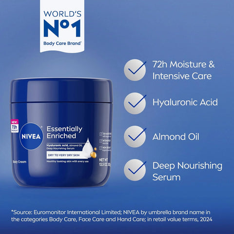 NIVEA Essentially Enriched Body Cream with Hyaluronic Acid, 13.5 Oz