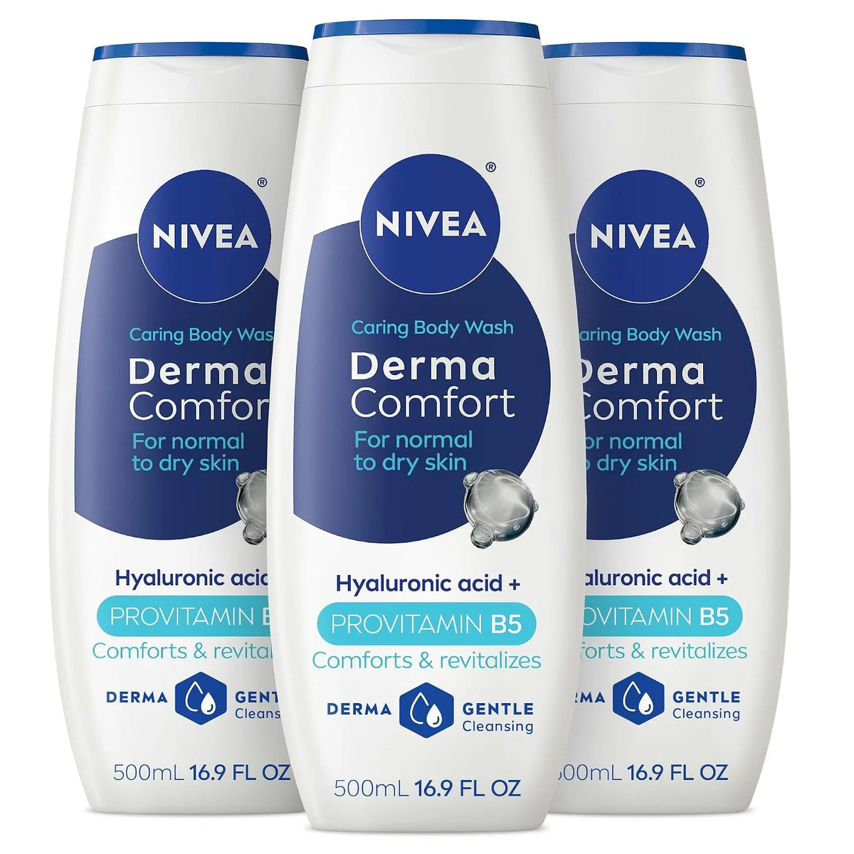 NIVEA Derma Comfort Caring Body Wash for Normal to Dry Skin, Body Wash with Hyaluronic Acid and Provitamin B5, 16.9 Fl Oz Bottle, Pack of 3