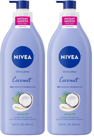 NIVEA Oil Infused Lotion Coconut and Monoi Oil Body Lotion for Women,Fast-Absorbing and Non-Greasy Coconut Scented-Lotion Moisturizes for 48 Hours,16.9 Fl Oz Pump Bottle,(Pack of 2)