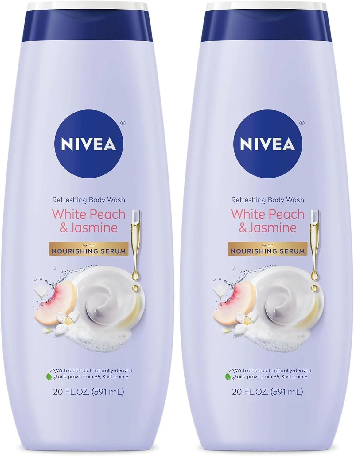 NIVEA Refreshing White Peach and Jasmine Body Wash with Nourishing Serum, Scented Body Wash for Women, Enriched with Provitamin B5 and Vitamin E, 20 Fl Oz Bottle, (Pack of 2)