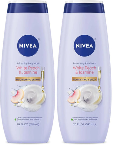 NIVEA Refreshing White Peach and Jasmine Body Wash with Nourishing Serum, Scented Body Wash for Women, Enriched with Provitamin B5 and Vitamin E, 20 Fl Oz Bottle, (Pack of 2)