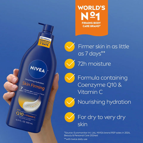 NIVEA Nourishing Hydration Skin Firming Body Lotion with Q10 and Vitamin C, 72-Hour Body Moisturizer for Dry to Very Dry Skin, 16.9 Fl Oz Pump Bottle (Pack of 12)