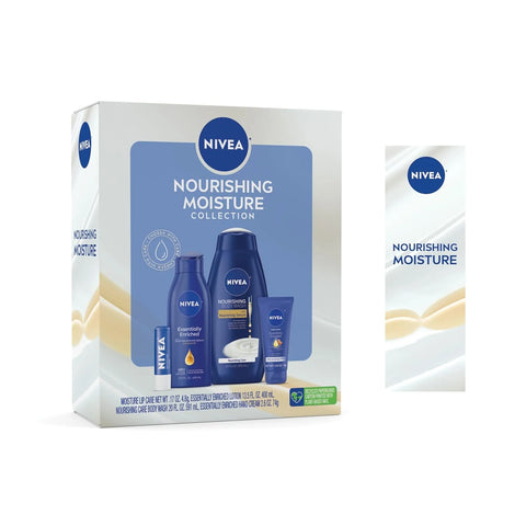 NIVEA Skin Care Set For Her, Nourishing Body Wash, Moisturizing Body Lotion, Lip Balm Stick with Shea Butter, & Hand Cream, 4 Piece Gift Set