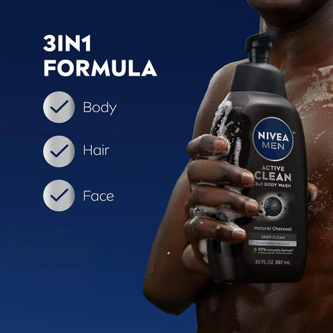 NIVEA MEN Active Clean Body Wash with Natural Charcoal for Normal to Oily Skin,3-in-1 Charcoal Body Wash,Face and Hair,Draws Out Dirt and Impurities,30 Fl Oz Bottle,(Pack of 2)