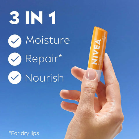 NIVEA Mango Lip Care, Vegan Lip Balm Pack with Shea Butter, Nourishing Oils and Vitamin C & E, 3-in-1 Moisturize, Repair and Protect, 0.17 Oz Stick, (Pack of 48)
