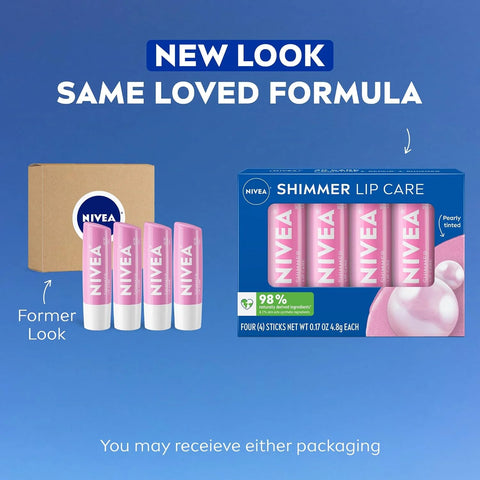 NIVEA Shimmer Lip Care, Shimmery Lip Balm Pack with Shea Butter, Nourishing Oils and Vitamin C & E, 3-in-1 Moisture, Repair and Shimmer, 0.17 Oz Stick (Pack of 48)