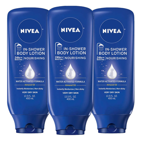 NIVEA Nourishing In Shower Lotion, Water Activated In Shower Moisturizer for Dry to Very Dry Skin, 13.5 FL OZ, Pack of 3