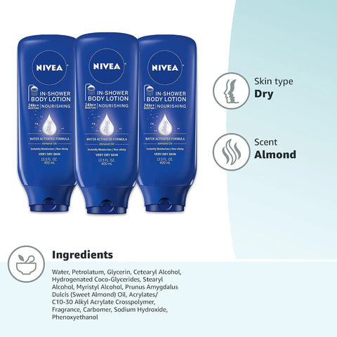 NIVEA Nourishing In Shower Lotion, Water Activated In Shower Moisturizer for Dry to Very Dry Skin, 13.5 FL OZ (Pack of 6)