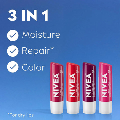 NIVEA Lip Care, Fruity Tinted Lip Balm Variety Pack, Cherry, Strawberry, Blackberry and Watermelon Flavors, 3-in-1 Moisture, Repair and Color, 0.17 Oz Stick, (Pack of 48)