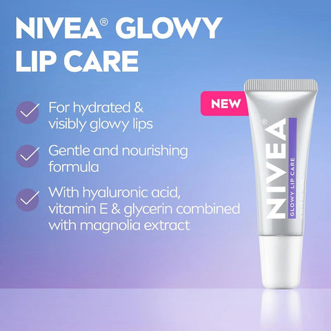 NIVEA Glowy Lips, Vegan Lip Balm with Hyaluronic Acid, Vitamin E, and Magnolia Extract, Moisturizing Lip Balm Instantly Boosts Natural Lip Glow, 0.35 Fl Oz Tube (Pack of 2)