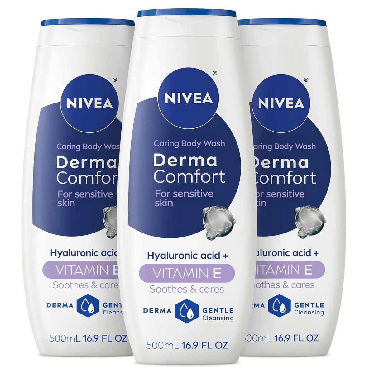 NIVEA Derma Comfort Caring Body Wash for Sensitive Skin, Body Wash with Hyaluronic Acid and Vitamin E, 16.9 Fl Oz Bottle, Pack of 3