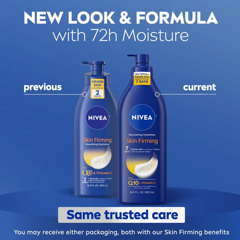 NIVEA Nourishing Hydration Skin Firming Body Lotion with Q10 and Vitamin C, 72-Hour Body Moisturizer for Dry to Very Dry Skin, 16.9 Fl Oz Pump Bottle (Pack of 12)