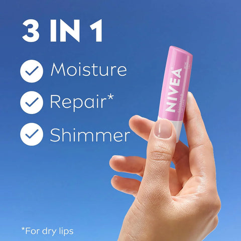NIVEA Shimmer Lip Care, Shimmery Lip Balm Pack with Shea Butter, Nourishing Oils and Vitamin C & E, 3-in-1 Moisture, Repair and Shimmer, 0.17 Oz Stick (Pack of 48)