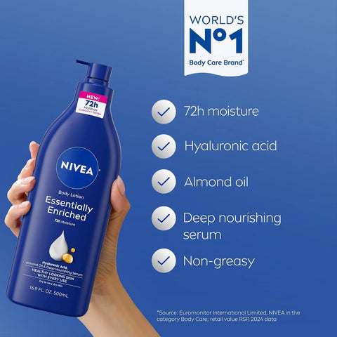 NIVEA Essentially Enriched Body Lotion for Very Dry Skin with Hyaluronic Acid,Almond Oil and Deep Nourishing Serum,72-Hour Body Moisturizer,16.9 Fl Oz Pump Bottle,(Pack of 4)