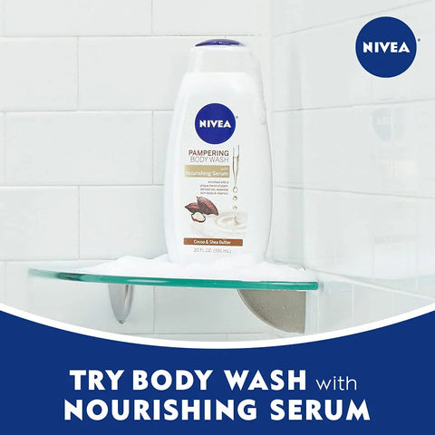 Nivea Pampering Cocoa and Shea Butter Body Wash with Nourishing Serum, Moisturizing Body Wash for Women, Enriched with Provitamin B5 and Vitamin E, 20 Fl Oz Bottle (Pack of 3)