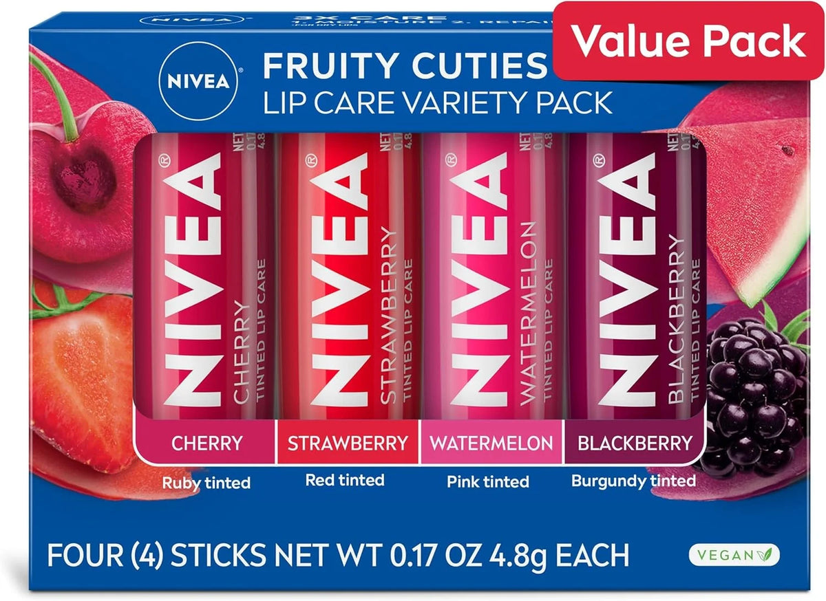 NIVEA Lip Care, Fruity Tinted Lip Balm Variety Pack, Cherry, Strawberry, Blackberry and Watermelon Flavors, 3-in-1 Moisture, Repair and Color, 0.17 Oz Stick, (Pack of 48)