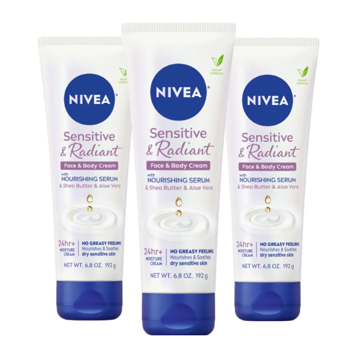 NIVEA Sensitive and Radiant Face and Body Cream for Dry, Sensitive Skin, Vegan Body and Face Moisturizer with Shea Butter and Aloe Vera, 6.8 Oz Tube, Pack of 3