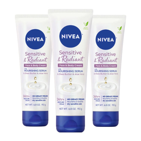 NIVEA Sensitive and Radiant Face and Body Cream for Dry, Sensitive Skin, Vegan Body and Face Moisturizer with Shea Butter and Aloe Vera, 6.8 Oz Tube, Pack of 3